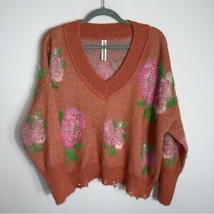 Anthropologie Slouchy Distressed Hem Sweater-Rust Orange Floral-Size Medium